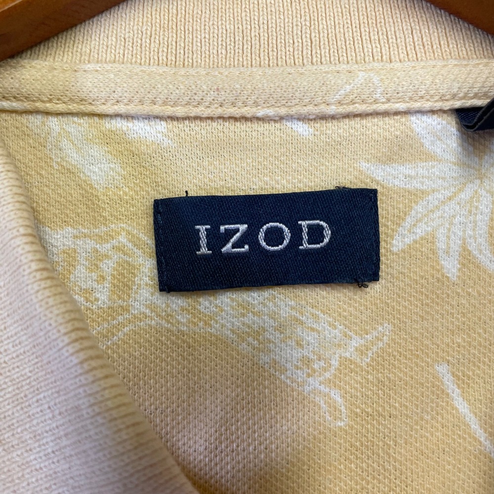 IZOD Polo Shirt Men's Medium Yellow Linen Blend Tropical Hawaiian Hula Print